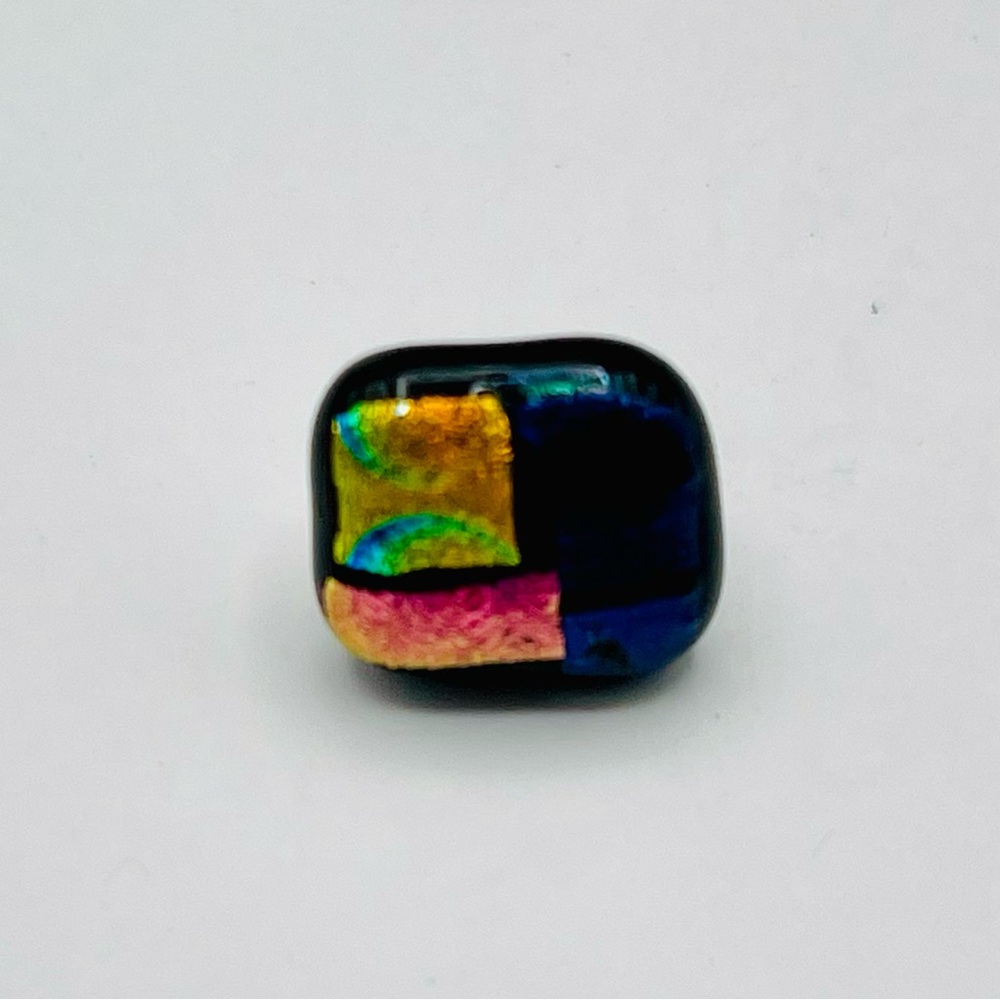Colorful Dichroic Glass Square Tack Lapel Pin Handcrafted Blue Yellow Pink Black